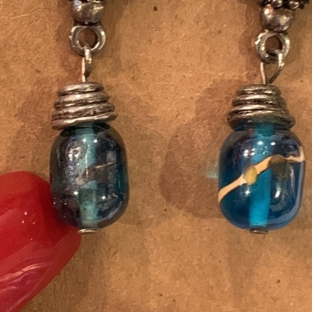💐5/25 silver tone blue art glass round bead dangle drop - Picture 4 of 6